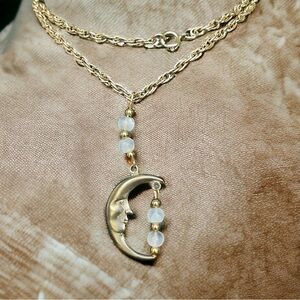 Vintage Gold Tone Crescent Moon Charm 2”Pendant Dangle Necklace 24”L